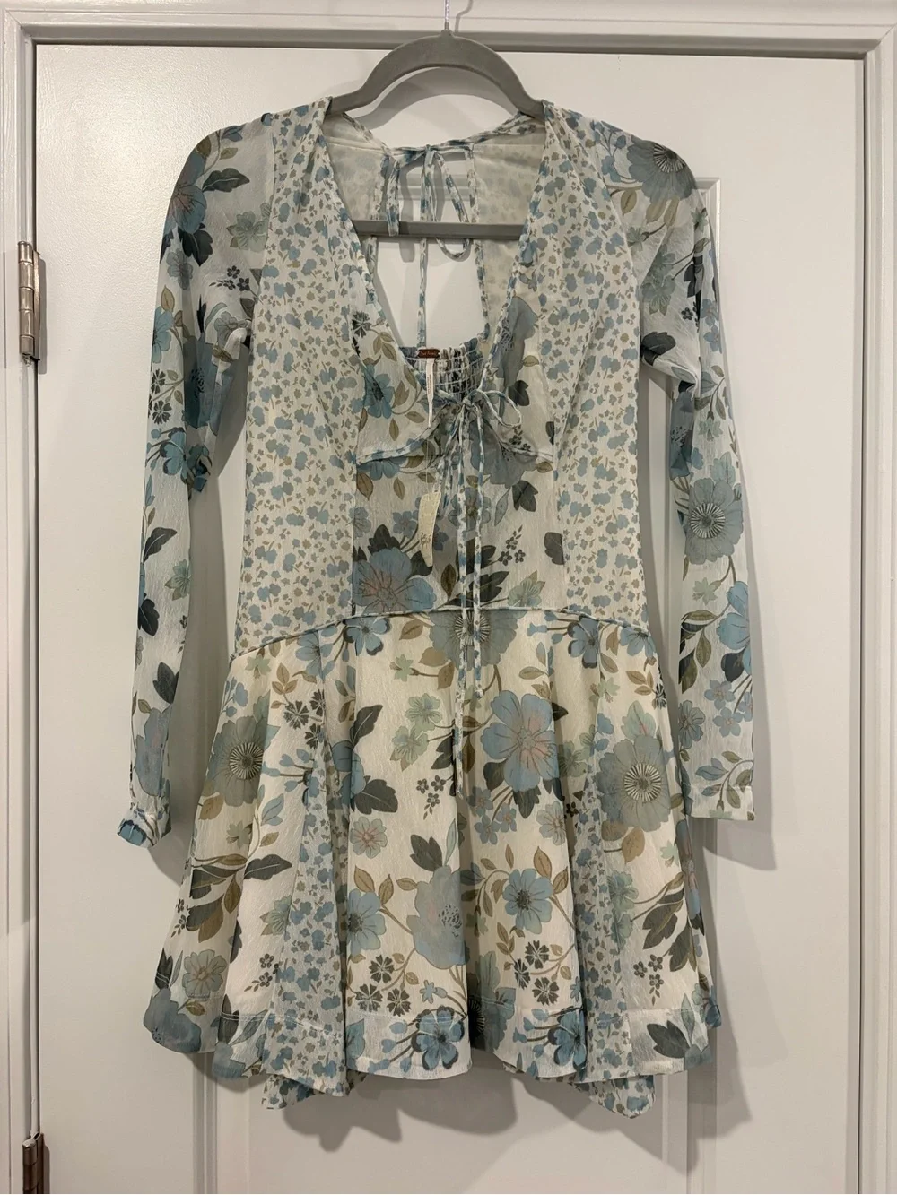 Free People Mint Green Floral Lace-Trim Long Sleeve Mini Dress